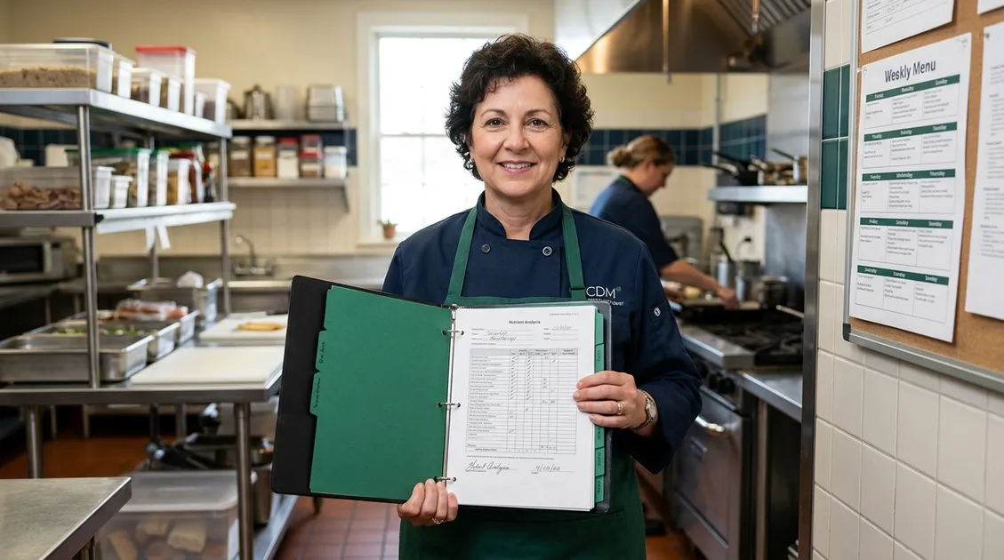 Dietary manager reviewing a dietitian-signed cycle menu binder for CMS menu compliance in an assisted living kitchen Dietary manager reviewing a dietitian-signed cycle menu binder for CMS menu compliance in an assisted living kitchen