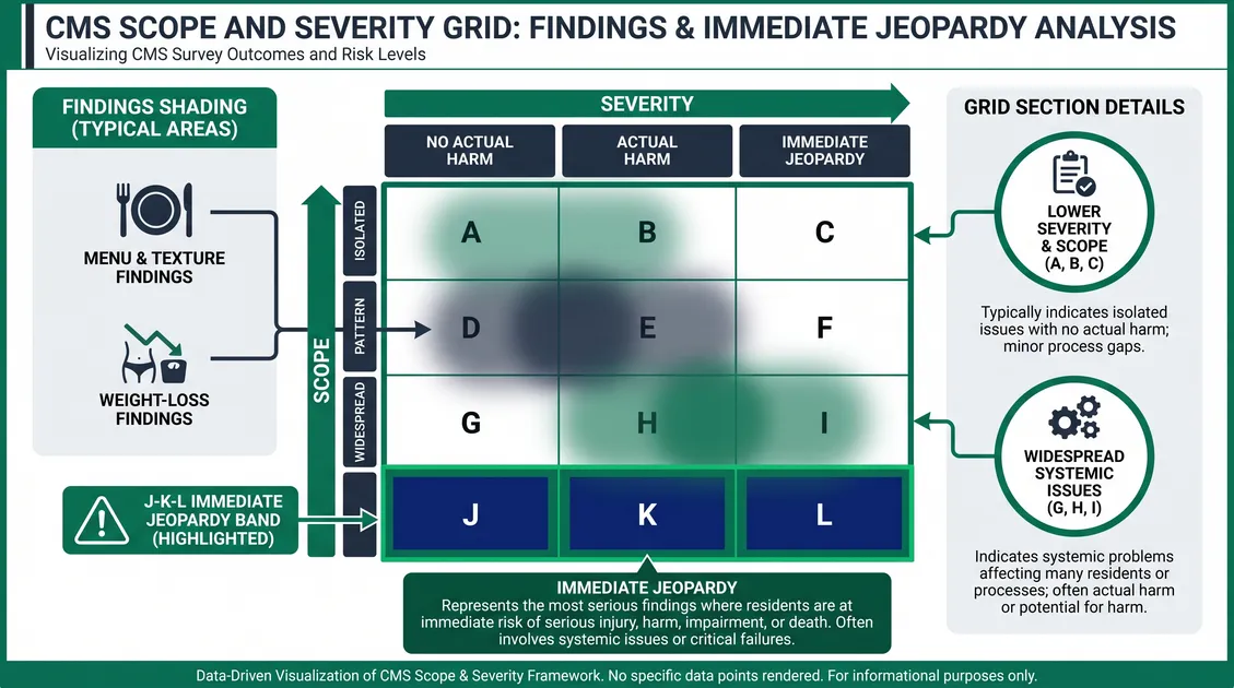 Infographic of the CMS scope and severity grid A through L with dietary deficiency examples Infographic of the CMS scope and severity grid A through L with dietary deficiency examples