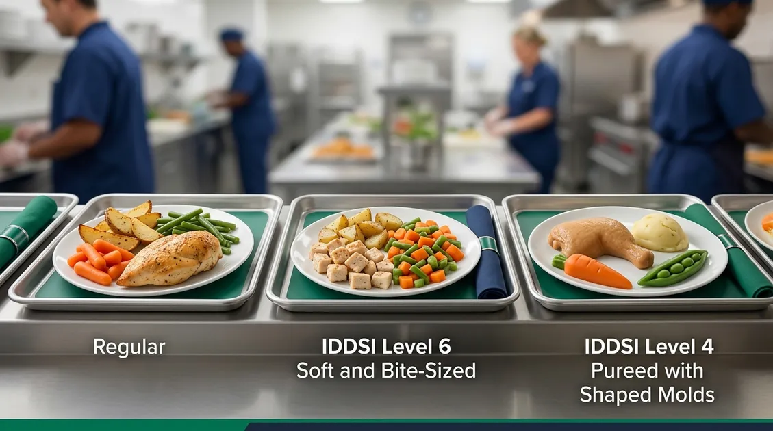 Tray line photo showing IDDSI Level 4 pureed and Level 6 soft and bite-sized portions plated from one base menu Tray line photo showing IDDSI Level 4 pureed and Level 6 soft and bite-sized portions plated from one base menu